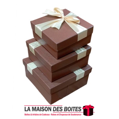 La Maison des Boîtes - Lot de 3 Boîtes Cadeaux Carrés en Simili Cuir Marron Avec Ruban Satiné Ecru - Tunisie Meilleur Prix (Idée