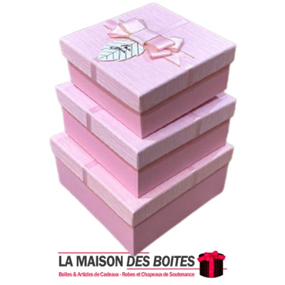 La Maison des Boîtes - Lot de 3 Boîtes Cadeaux Carrés  Rose Désigné en Doré  Avec Ruban Satiné Rose - Tunisie Meilleur Prix (Idé