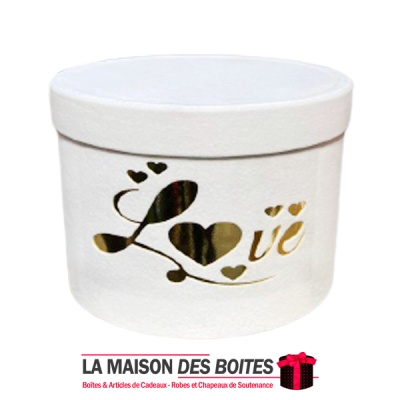 La Maison des Boîtes - Boîte Cadeau à fleurs Cylindrique en Velours - Blanc & Désigne "Love" en Doré  (20.5x15 cm) - Tunisie Mei
