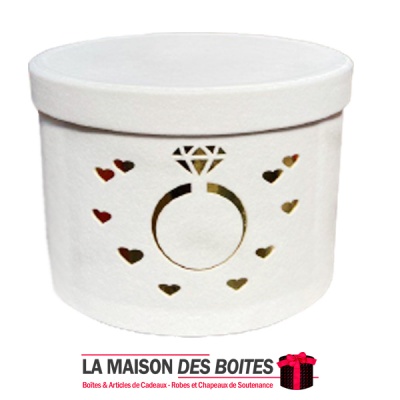 La Maison des Boîtes - Boîte Cadeau à fleurs Cylindrique en Velours - Blanc  & Désigne une Bague Fiançaille en Doré  (20.5x15 cm