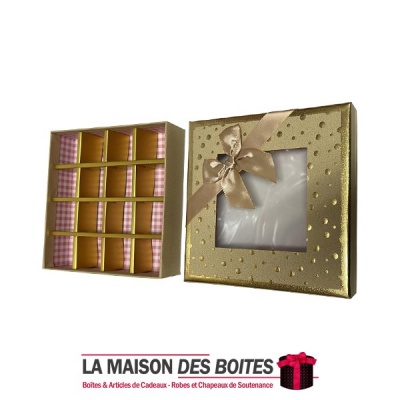 La Maison des Boîtes - Coffret Chocolat  de 16 Pièces- Carré Doré Pointé en Doré - Tunisie Meilleur Prix (Idée Cadeau, Gift Box,