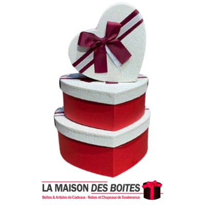 La Maison des Boîtes - Lot de 3 Boîtes Cadeaux  Forme de Cœur Rouge avec Couvercle Ecru & Ruban Satiné Rouge Bordeau & Ecru - Tu