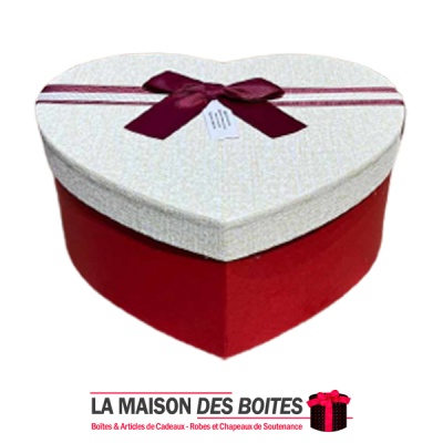 La Maison des Boîtes - Boîte Cadeau  Forme de Cœur Rouge avec Couvercle Ecru & Ruban Rouge Bordeau & Ecru  - (M:18.5x14x7cm) - T
