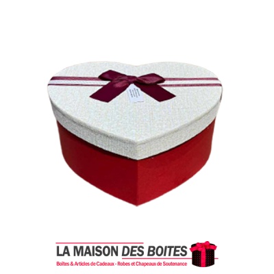 La Maison des Boîtes - Boîte Cadeau Forme de Cœur Rouge avec Couvercle Ecru & Ruban Rouge Bordeau & Ecru - (S:10.5x13.5x 5cm) - 