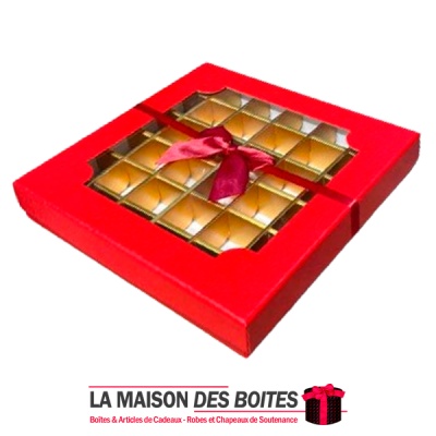 La Maison des Boîtes - Coffret Chocolat Carré avec Couvercle Transparent  -36 pièces - Rouge - Tunisie Meilleur Prix (Idée Cadea