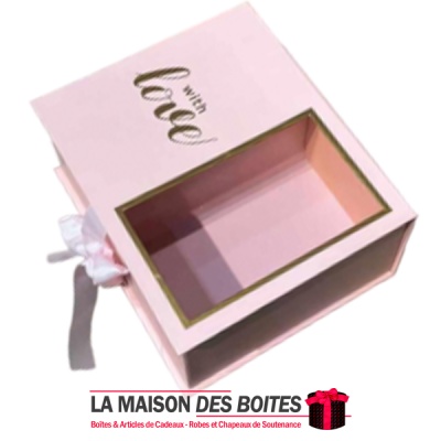 La Maison des Boîtes - Boîte Cadeaux Rectangulaire "With Love" avec Fenêtre & Ruban Satiné - Rose - (24x20x11cm) - Tunisie Meill