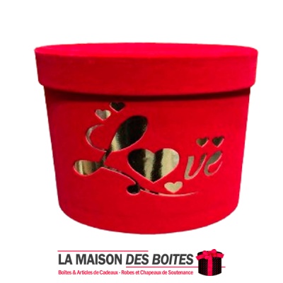 La Maison des Boîtes - Boîte Cadeau à fleurs Cylindrique en Velours - Rouge & Désigne "Love" en Doré  (20.5x15 cm) - Tunisie Mei