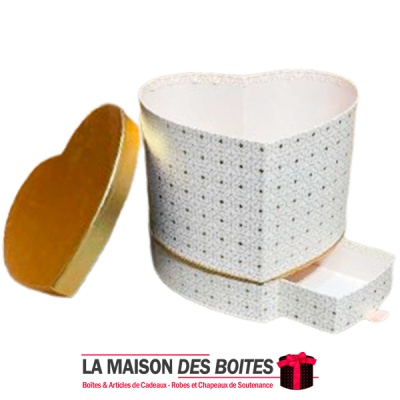 Boîte Cadeau en Carton avec Double Tiroir Forme Cœur - Blanc & Doré
