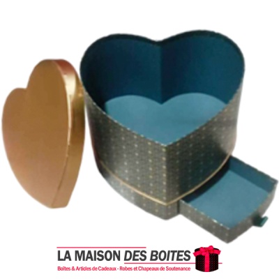 Boîte Cadeau en Carton avec Double Tiroir Forme Cœur - Turquoise & Doré