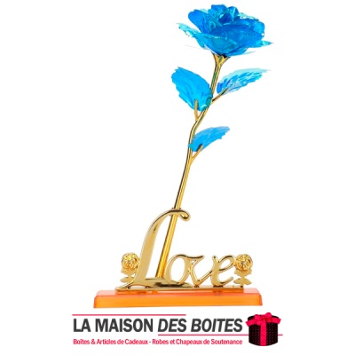 Rose Artificielle  avec support Love Doré - Cadeau pour la Saint-Valentin - Bleu