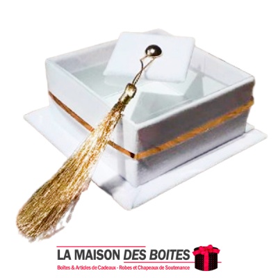 La Maison des Boîtes - Boite Pâtisserie Carré pour Soutenance avec Couvercle Transparent (10 x 10 x 4 cm)  - Blanc & Doré - Tuni