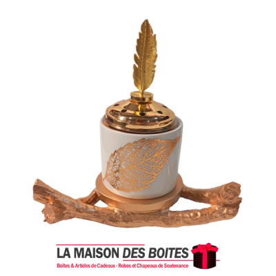 La Maison des Boîtes - Encensoir à Charbon avec Couvercle Plume -Céramique Blanc & Doré - Tunisie Meilleur Prix (Idée Cadeau, Gi