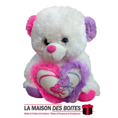 La Maison des Boîtes - Ours en Peluche avec Un cœur Mentionné Love - Blanc , Rose & Violet - Tunisie Meilleur Prix (Idée Cadeau,