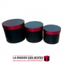La Maison des Boîtes - Lot de 3 Boîtes Cadeaux de forme Cylindrique pour Fleur avec Couvercle - Noir & Bande Rouge - Tunisie Mei