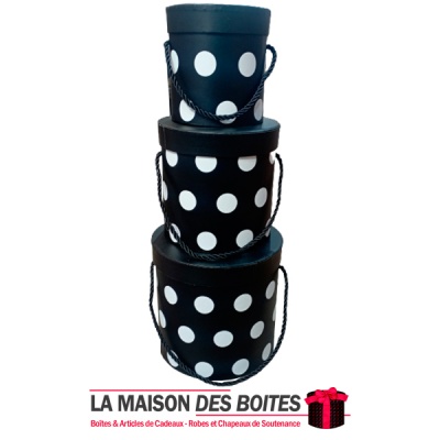 La Maison des Boîtes - Lot de 3 Boîtes Cadeaux de forme Cylindrique pour Fleur avec Couvercle - Noir Pointé en Blanc - Tunisie M