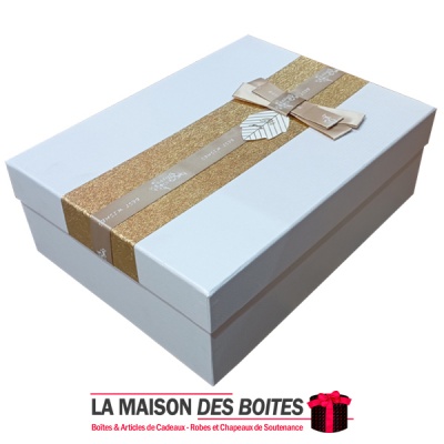 La Maison des Boîtes - Boite Cadeau Rectangulaire  - Blanc & Doré  - (33x24.5x11cm) - Tunisie Meilleur Prix (Idée Cadeau, Gift B
