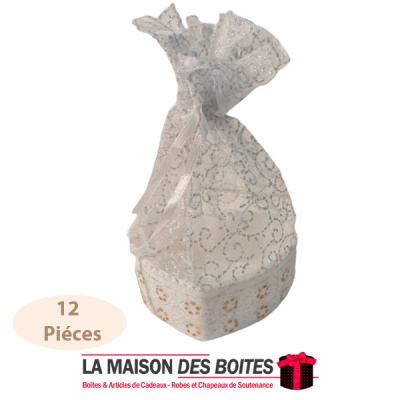 La Maison des Boîtes - Lot de 12  Bourses à Dragées Forme Cœur - Blanc & Doré - Tunisie Meilleur Prix (Idée Cadeau, Gift Box, Dé