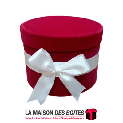 La Maison des Boîtes - Boîte Cadeau à fleurs sous Forme Ronde en Velours - Rouge Bordeau & Ruban Satiné Blanc - (20x15.5cm) - Tu
