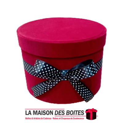 La Maison des Boîtes - Boîte Cadeau à fleurs sous Forme Ronde en Velours - Rouge Bordeau & Ruban Satiné Noir - (20x15.5cm) - Tun
